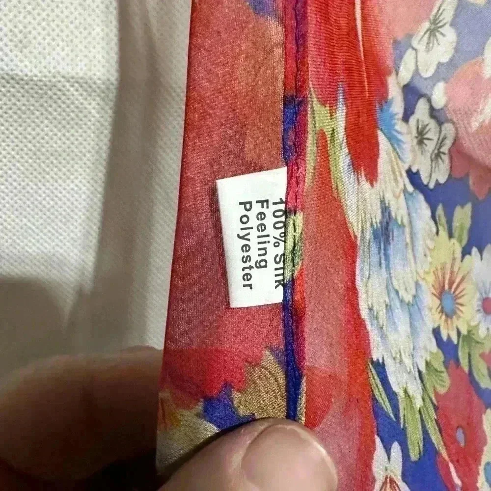 Lot of 2 Silk Feel Scarves Asian Inspired Floral Palm Leaf Sheer Colorful Long